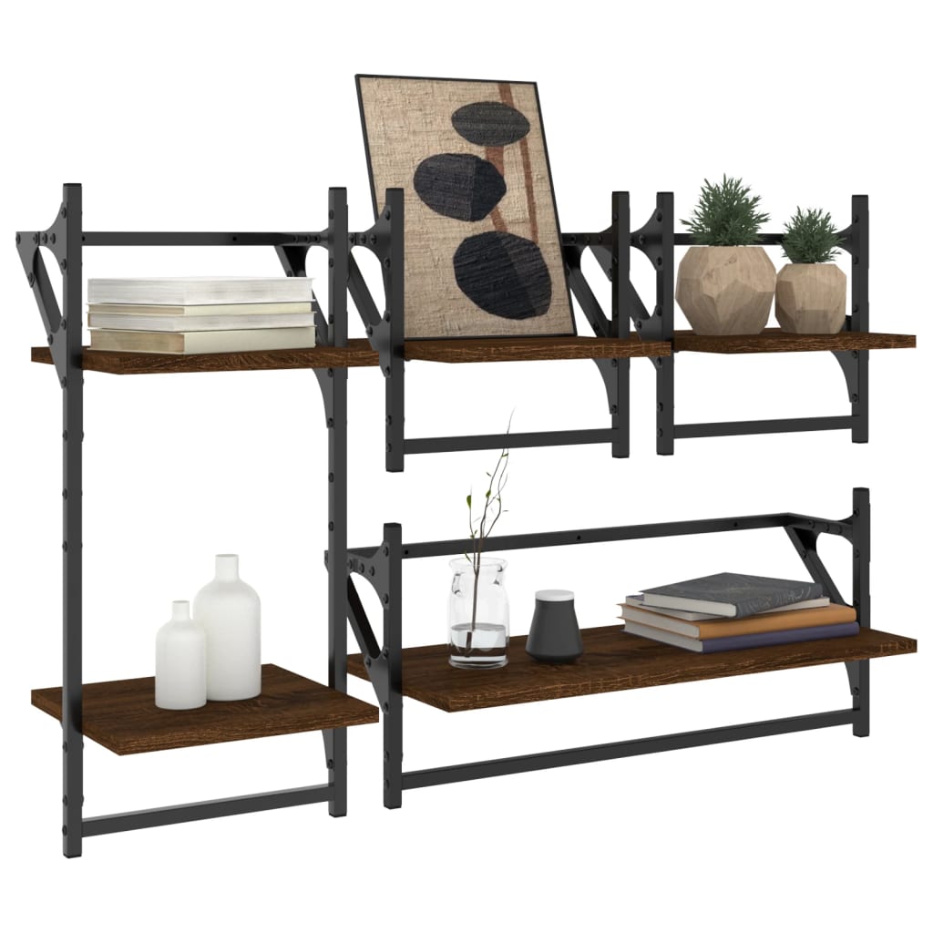 4 Piece Wall Shelf Set with Bars Brown Oak Engineered Wood