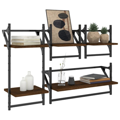 4 Piece Wall Shelf Set with Bars Brown Oak Engineered Wood