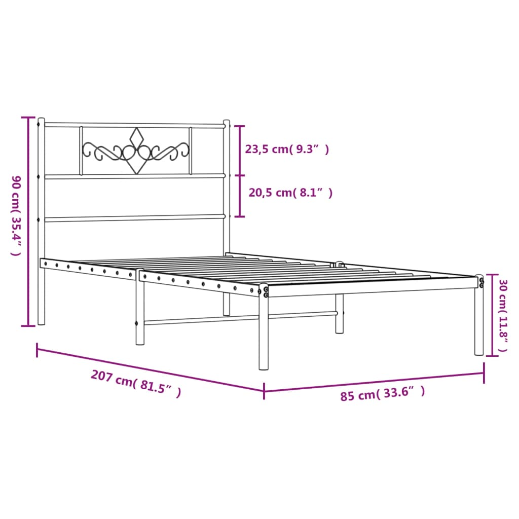 Metal Bed Frame without Mattress with Headboard Black 80x200cm