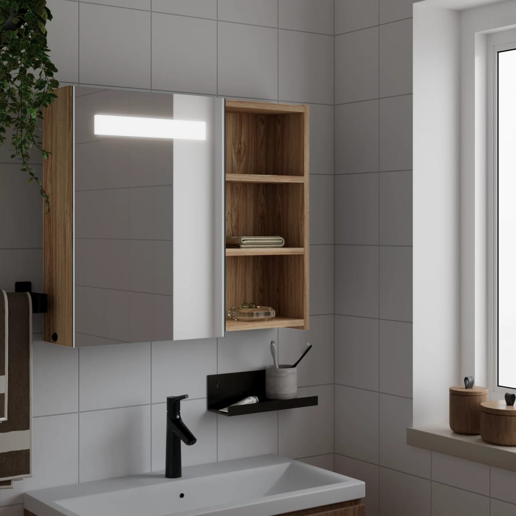 Bathroom Mirror Cabinet with LED Light Oak 60x13x52 cm