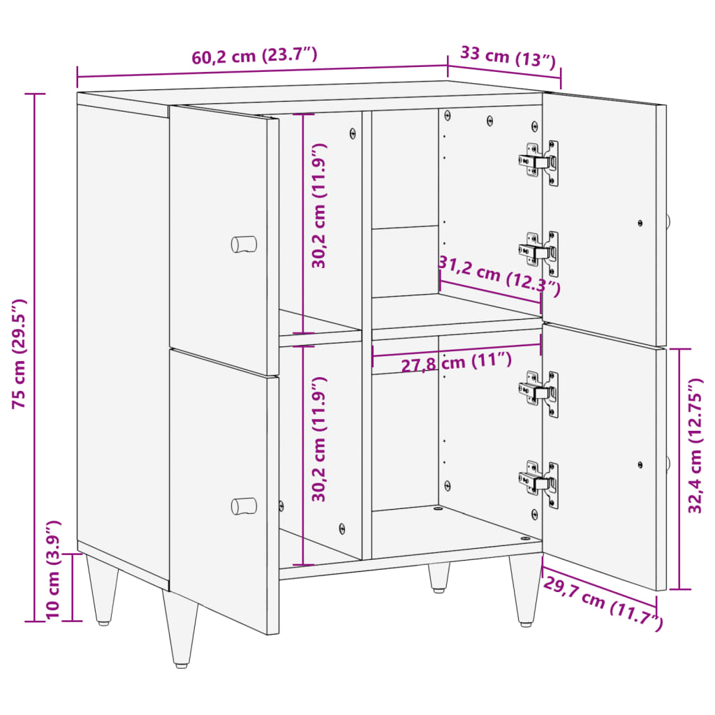 Side Cabinet 60x33x75 cm Solid Wood Mango