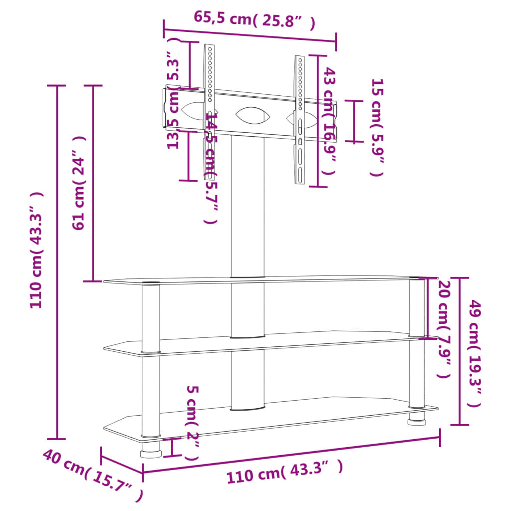 Corner TV Stand 3-Tiers for 32-70 Inch Black and Silver