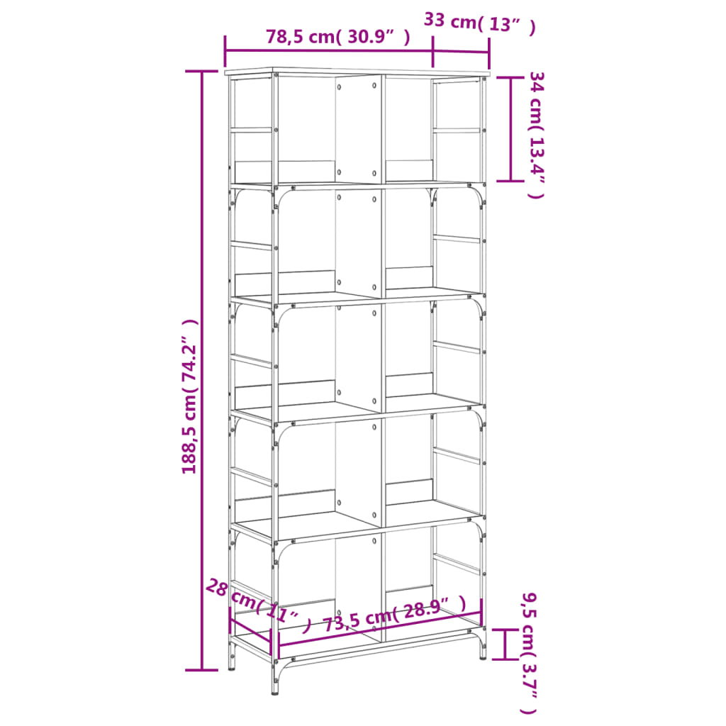 Bookshelf Black 78.5x33x188.5 cm Engineered Wood