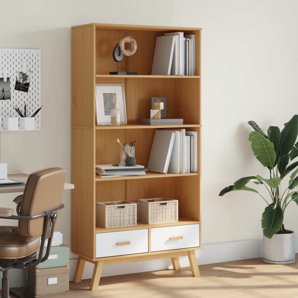 Bookcase 4-Tier OLDEN White and Brown Solid Wood Pine