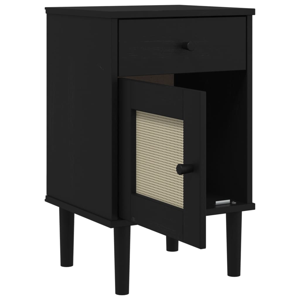 Bedside Cabinet SENJA Rattan Look Black 40x35x65 cm Solid Wood Pine