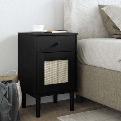 Bedside Cabinet SENJA Rattan Look Black 40x35x65 cm Solid Wood Pine