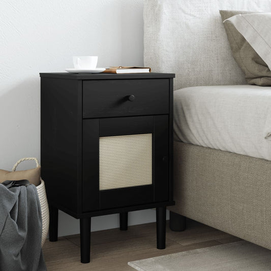 Bedside Cabinet SENJA Rattan Look Black 40x35x65 cm Solid Wood Pine