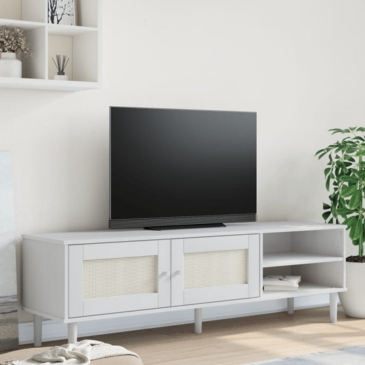 TV Cabinet SENJA Rattan Look White 158x40x49cm Solid Wood Pine