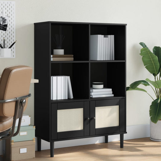 Bookcase SENJA Rattan Look Black 90x35x130 cm Solid Wood Pine