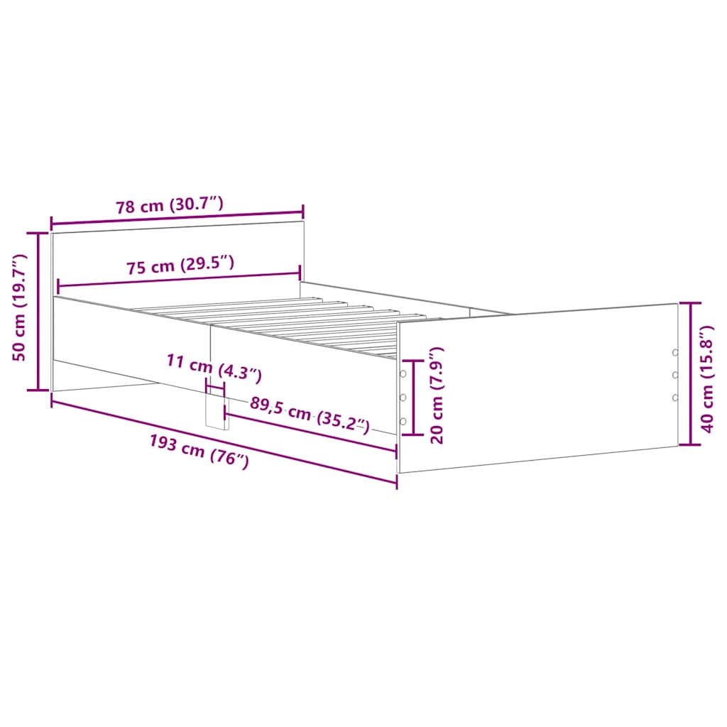 Bed Frame without Mattress Brown Oak 75x190 cm Small Single  Engineered Wood