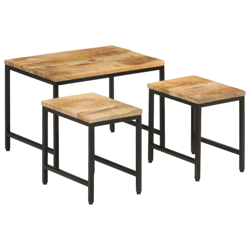 Nesting Coffee Tables 3 pcs Solid Rough Mango Wood and Iron