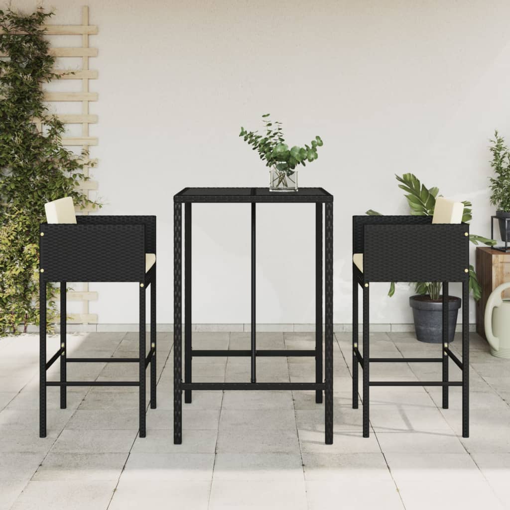 3 Piece Garden Bar Set with Cushions Black Poly Rattan