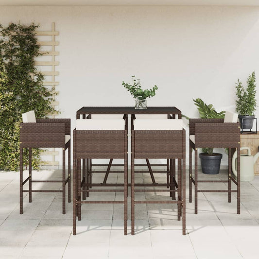 7 Piece Garden Bar Set with Cushions Brown Poly Rattan