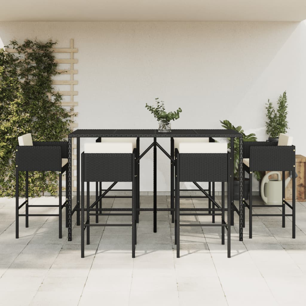 7 Piece Garden Bar Set with Cushions Black Poly Rattan