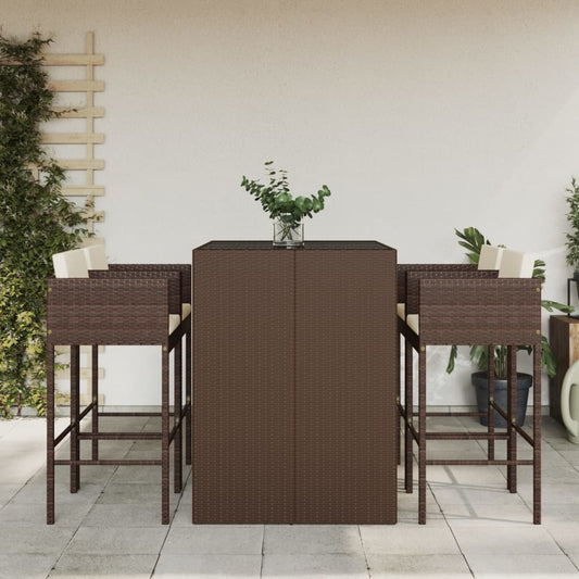 5 Piece Garden Bar Set with Cushions Brown Poly Rattan