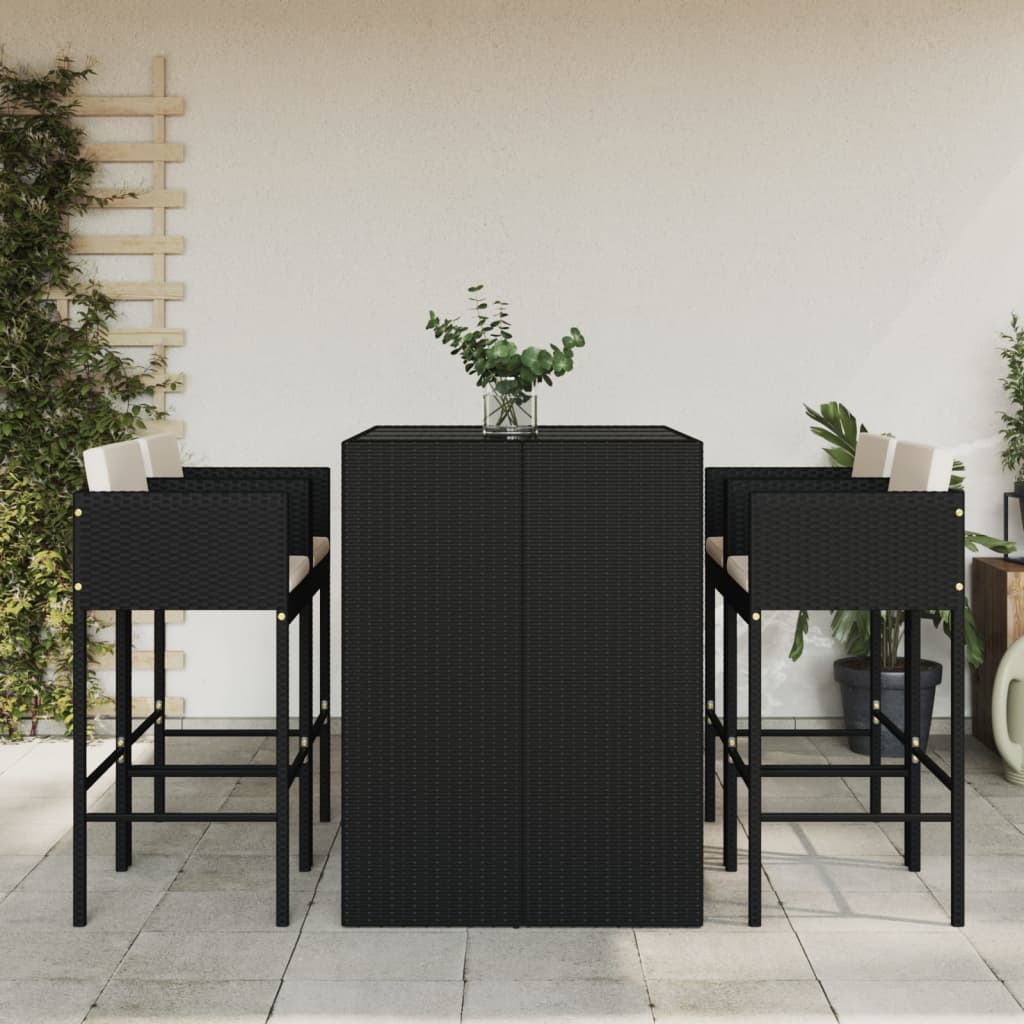 5 Piece Garden Bar Set with Cushions Black Poly Rattan