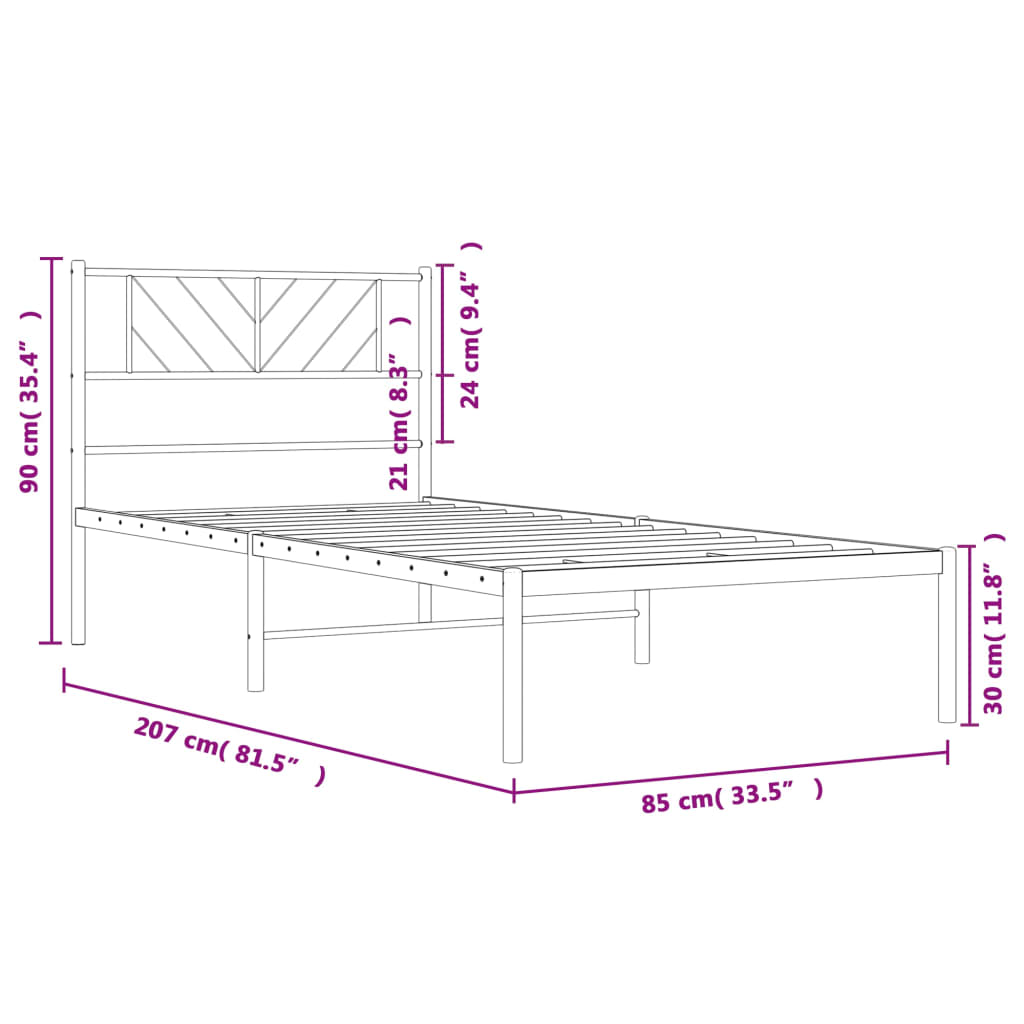 Metal Bed Frame without Mattress with Headboard Black 80x200cm