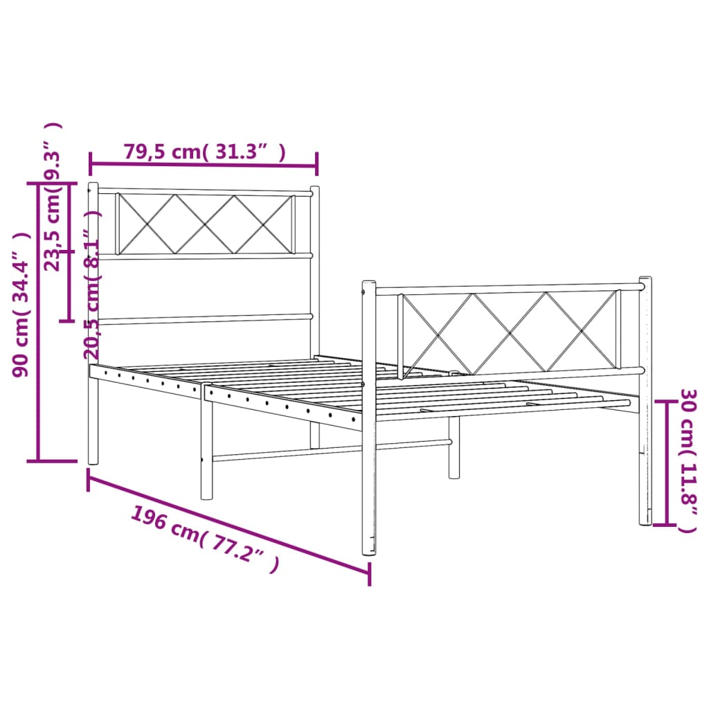Metal Bed Frame without Mattress with Footboard Black 75x190cm