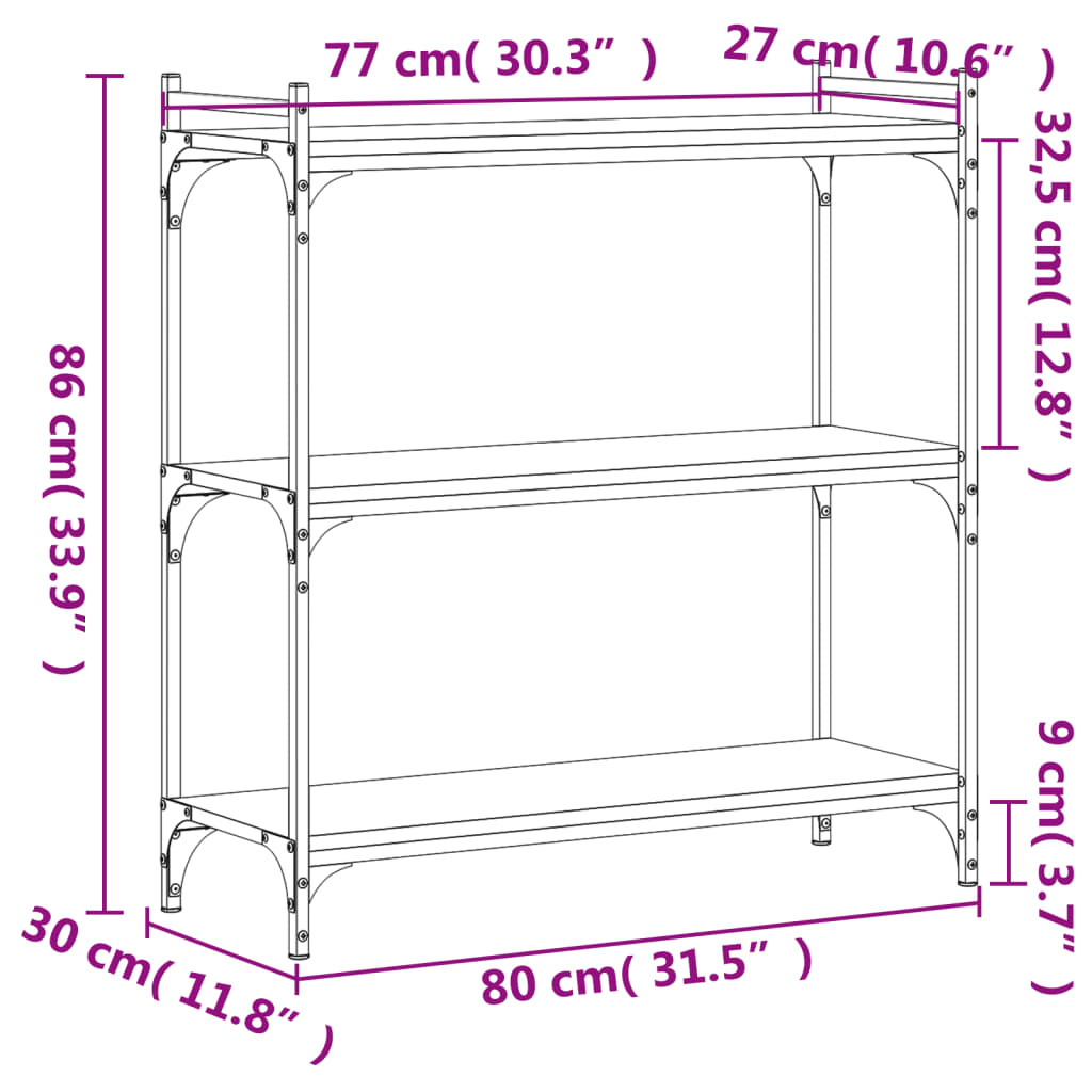 Bookcase 3-Tier Sonoma Oak 80x30x86 cm Engineered Wood