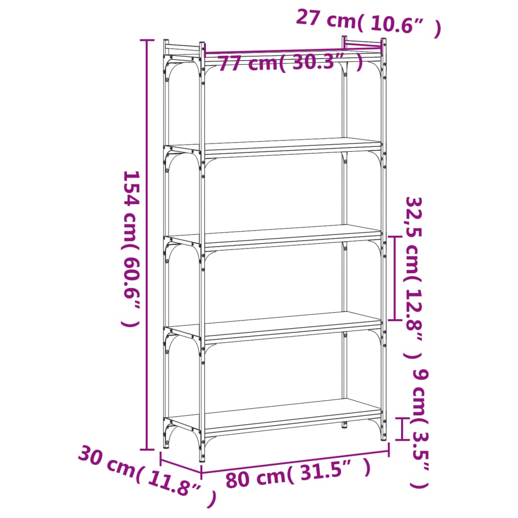 Bookcase 5-Tier Brown Oak 80x30x154 cm Engineered Wood