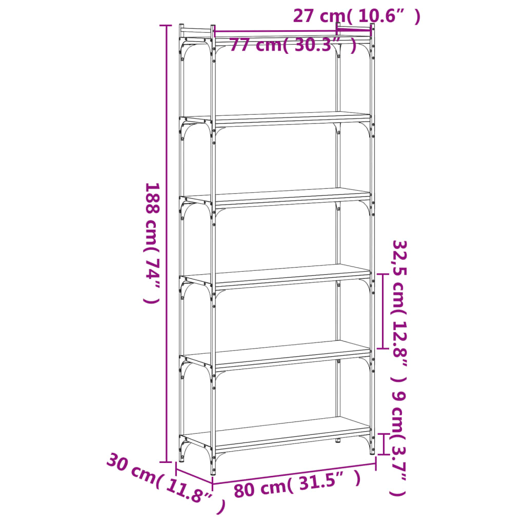 Bookcase 6-Tier Black 80x30x188 cm Engineered Wood