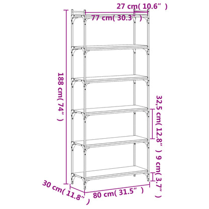 Bookcase 6-Tier Black 80x30x188 cm Engineered Wood