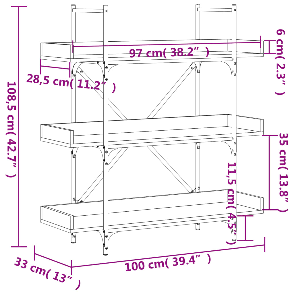 Bookcase 3-Tier Black 100x33x108.5 cm Engineered Wood