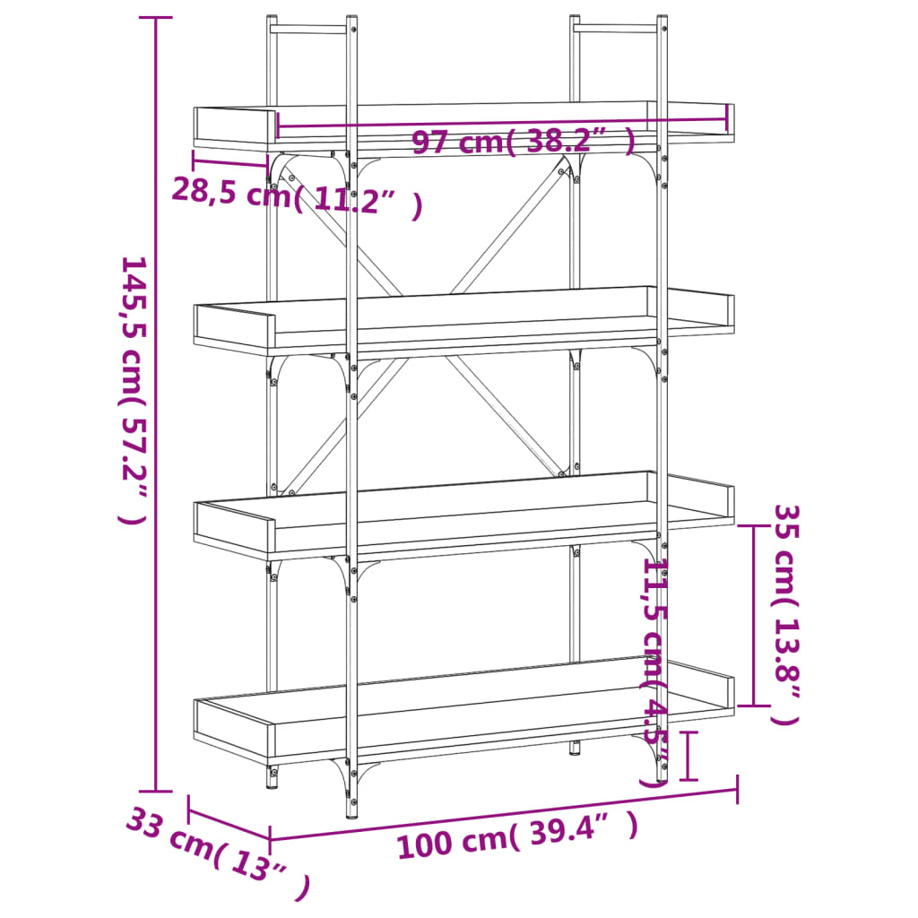 Bookcase 4-Tier Smoked Oak 100x33x145.5 cm Engineered Wood