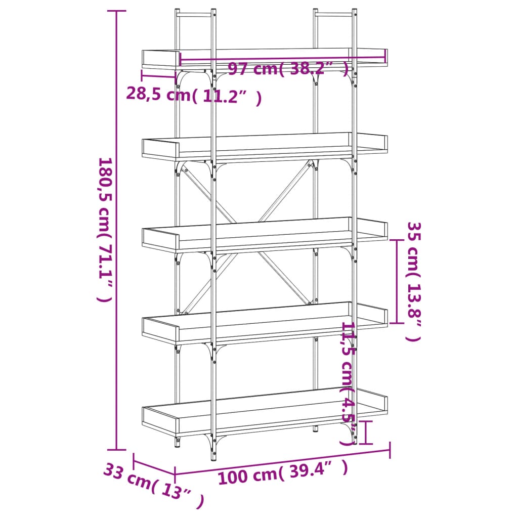 Bookcase 5-Tier Black 100x33x180.5 cm Engineered Wood