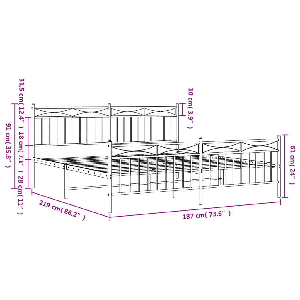 Metal Bed Frame without Mattress with Footboard Black 183x213cm