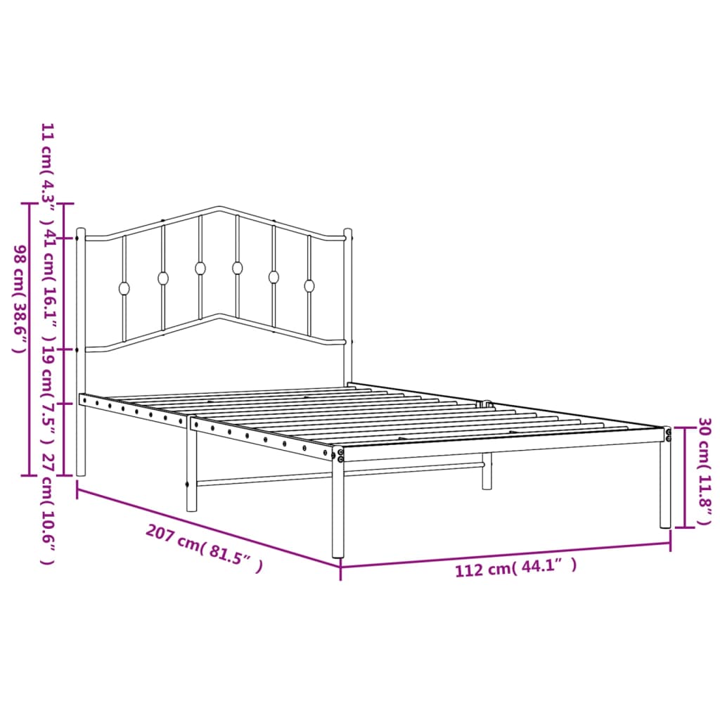 Metal Bed Frame without Mattress with Headboard Black 107x203cm