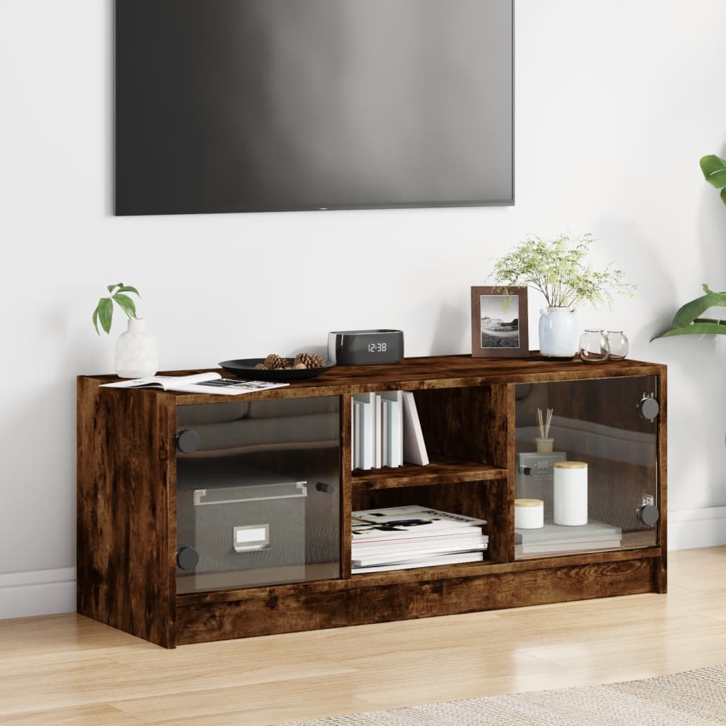 TV Cabinet with Glass Doors Smoked Oak 102x37x42 cm