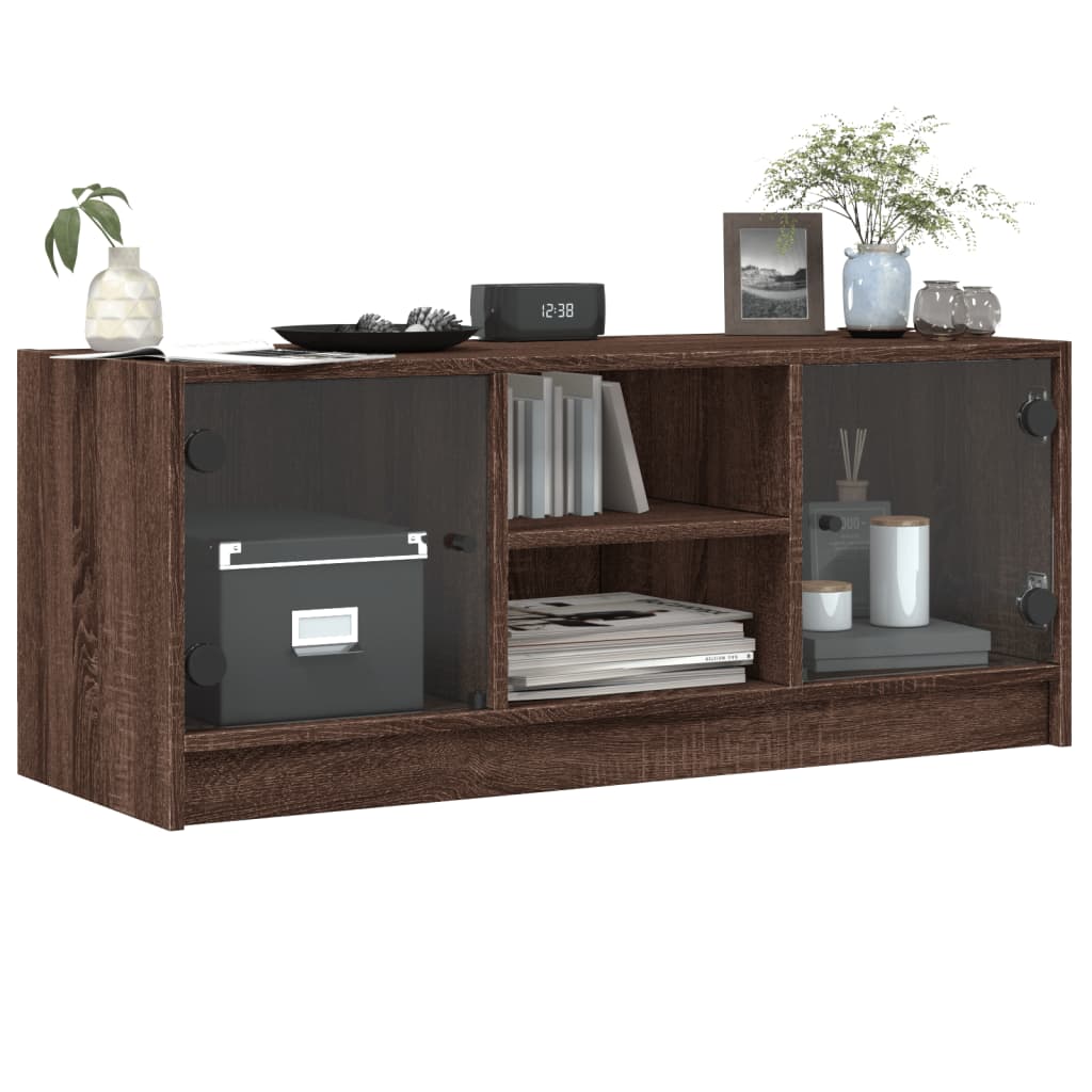 TV Cabinet with Glass Doors Brown Oak 102x37x42 cm