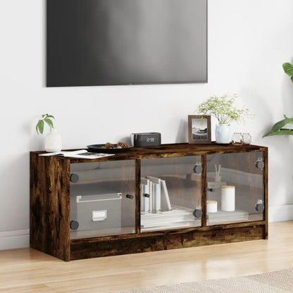 TV Cabinet with Glass Doors Smoked Oak 102x37x42 cm