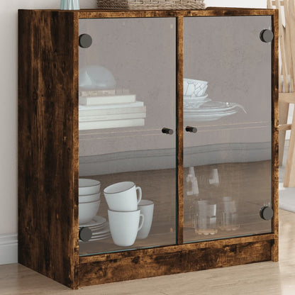 Side Cabinet with Glass Doors Smoked Oak 68x37x75.5 cm