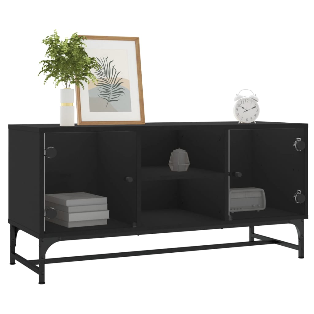 TV Cabinet with Glass Doors Black 102x37x50 cm