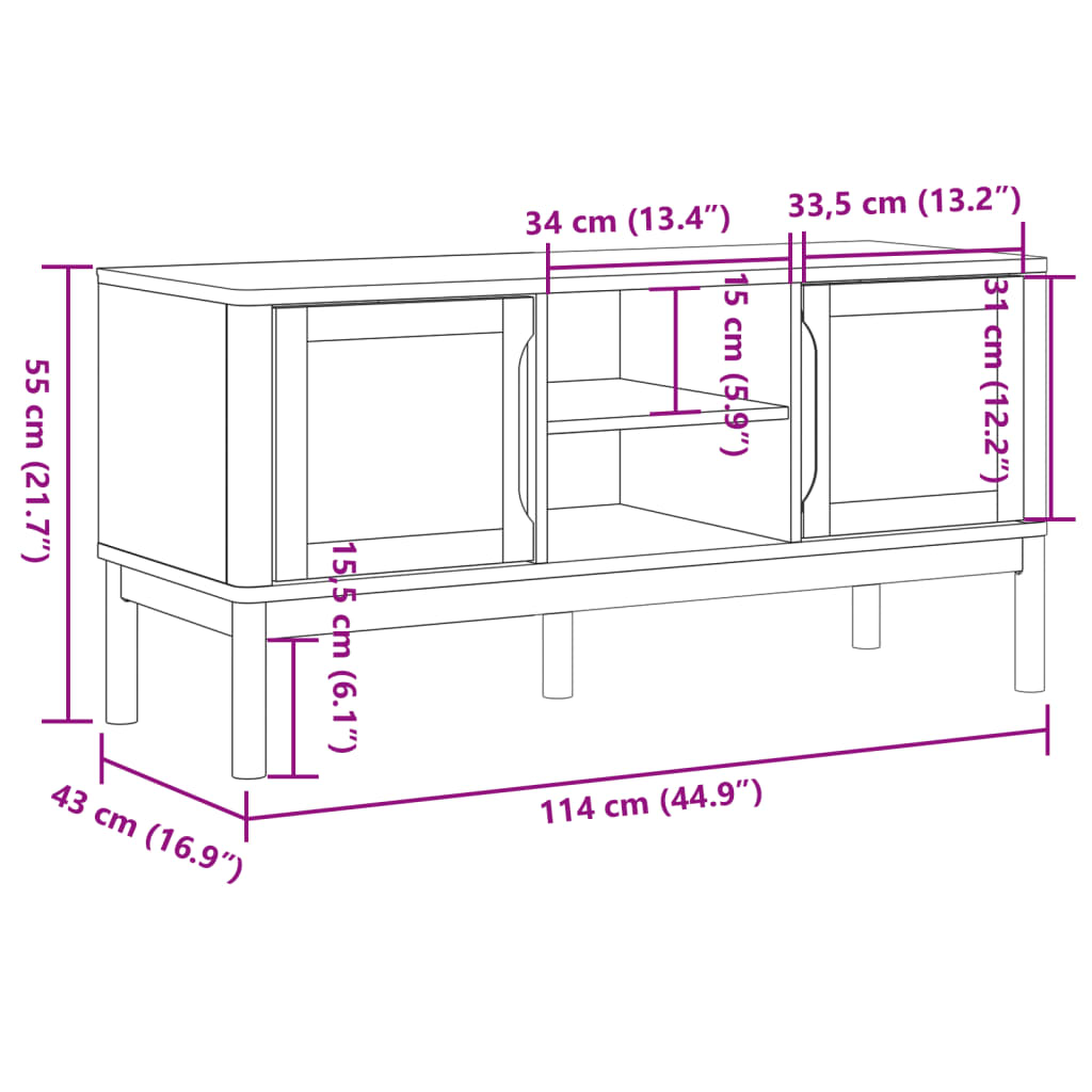 TV Cabinet FLORO White 114x43x55 cm Solid Wood Pine