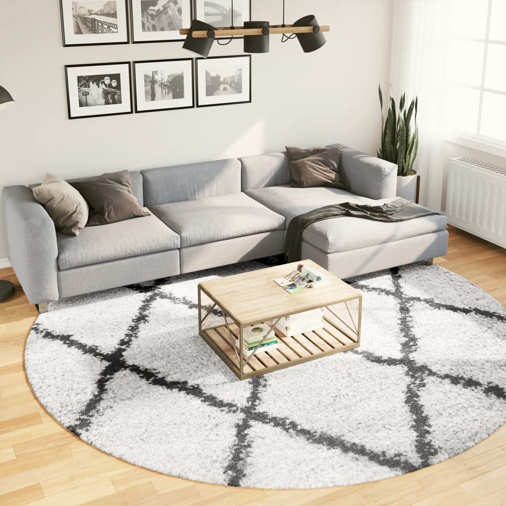 Shaggy Rug PAMPLONA High Pile Modern Cream and Black Ø 280 cm