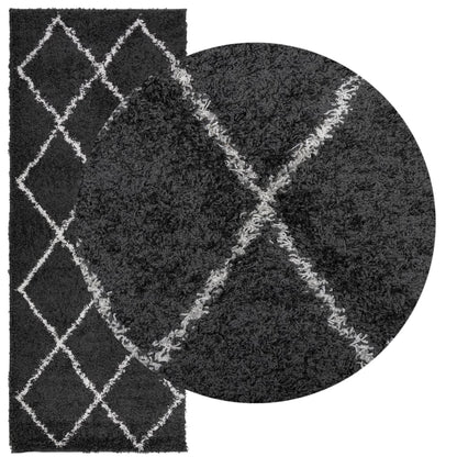 Shaggy Rug High Pile Modern Black and Cream 80x200 cm