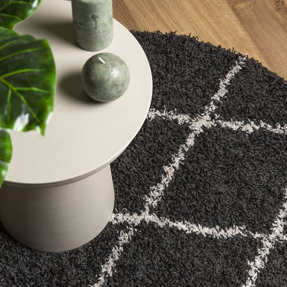 Shaggy Rug PAMPLONA High Pile Modern Black and Cream Ø 80 cm