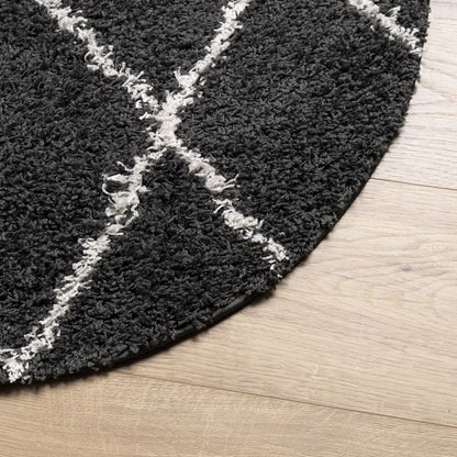 Shaggy Rug PAMPLONA High Pile Modern Black and Cream Ø 120 cm