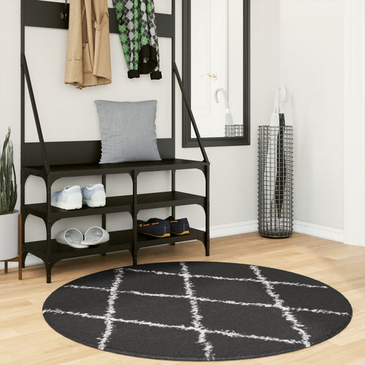 Shaggy Rug PAMPLONA High Pile Modern Black and Cream Ø 120 cm