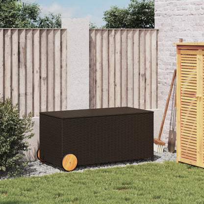 Garden Storage Box with Wheels Brown 190L Poly Rattan