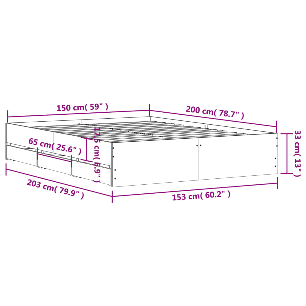 Bed Frame with Drawers without Mattress Smoked Oak 150x200 cm King Size