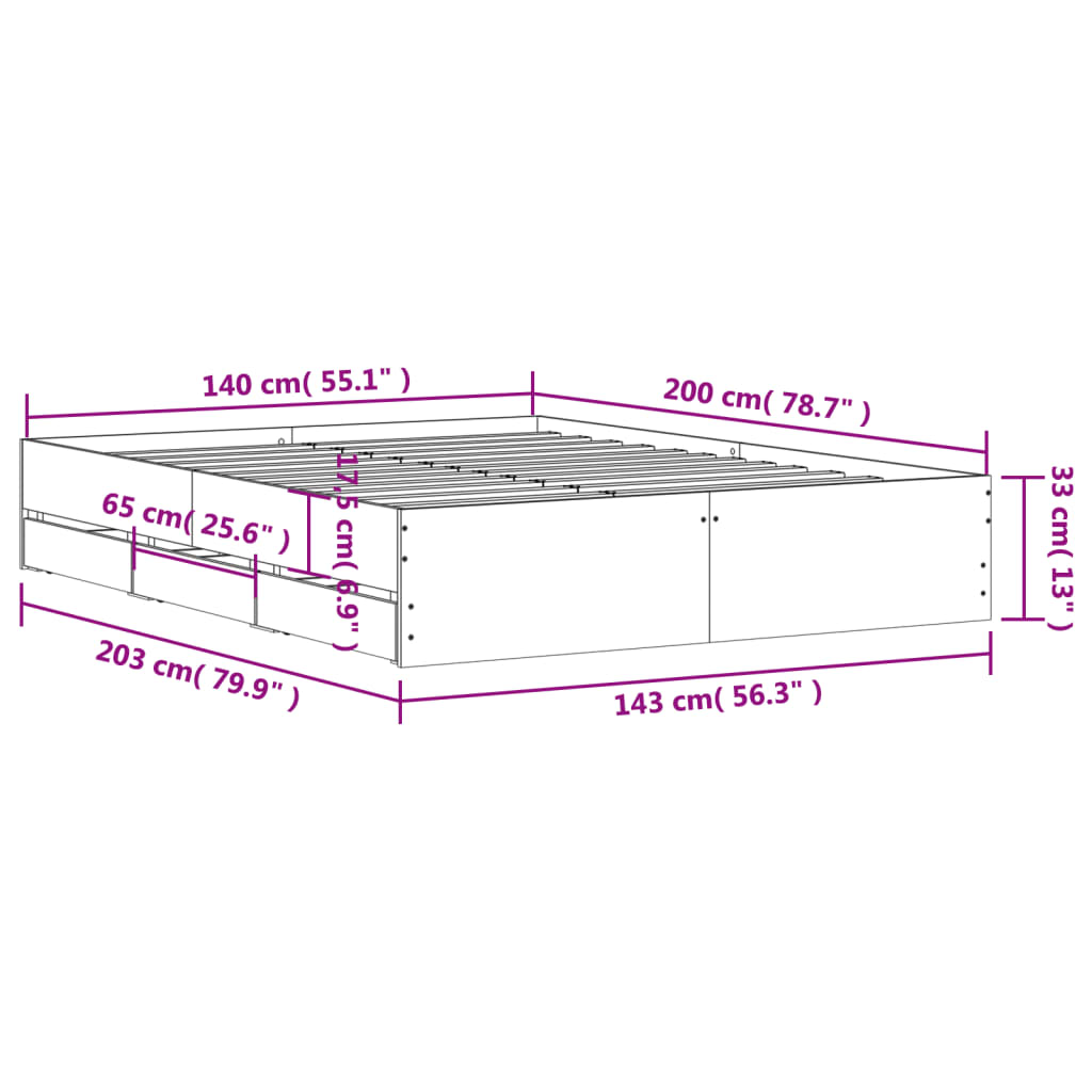 Bed Frame with Drawers without Mattress Concrete Grey 140x200 cm