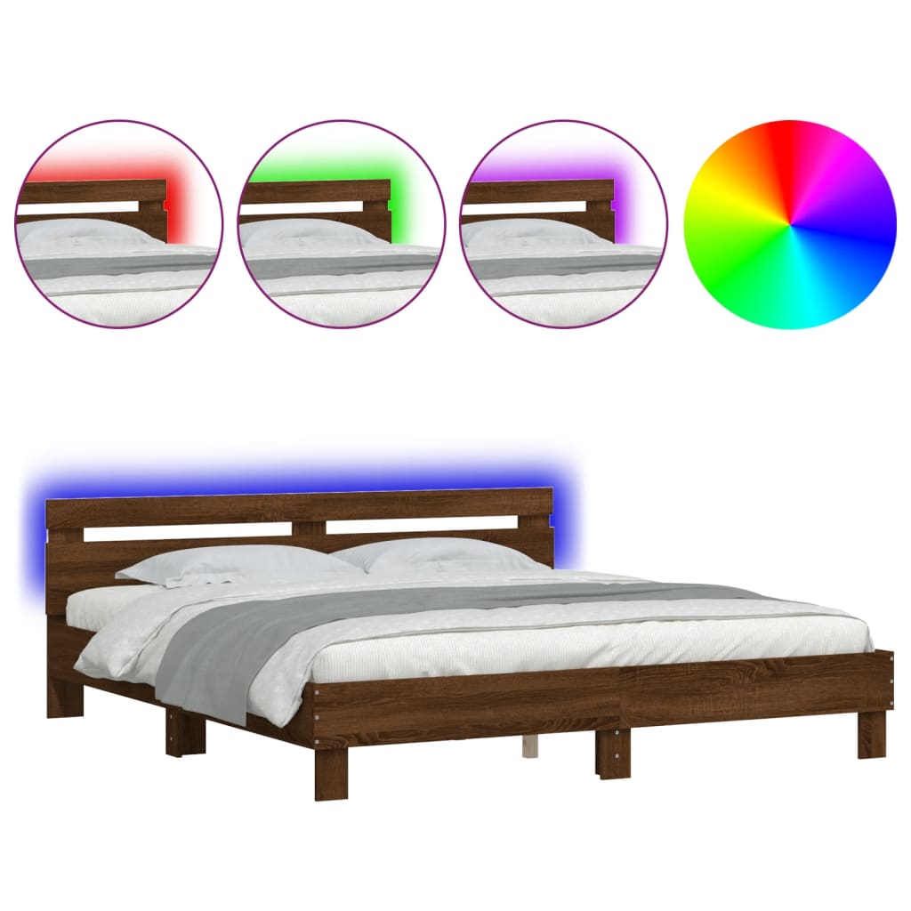 Bed Frame with LED without Mattress Brown Oak 180x200 cm Super King