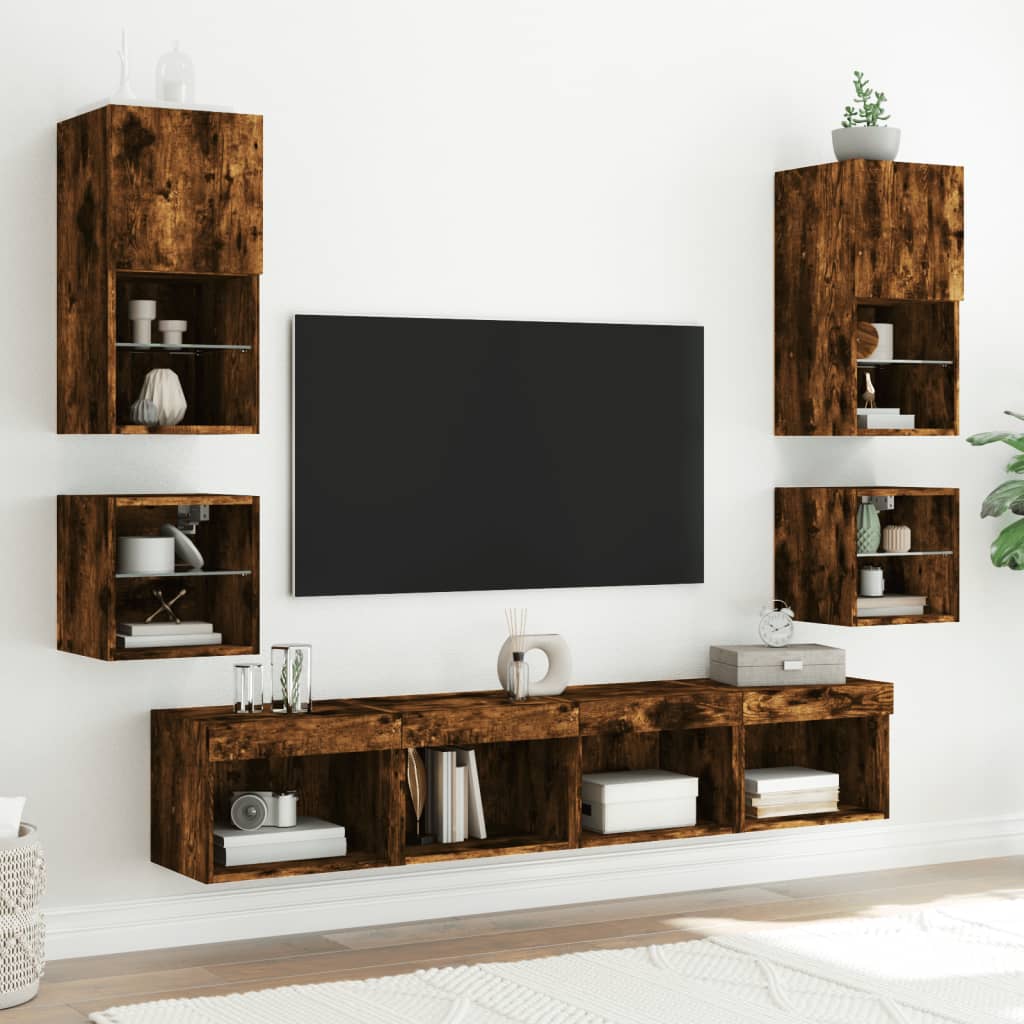 TV Wall Cabinets with LED Lights 2 pcs Smoked Oak 30x28.5x30 cm