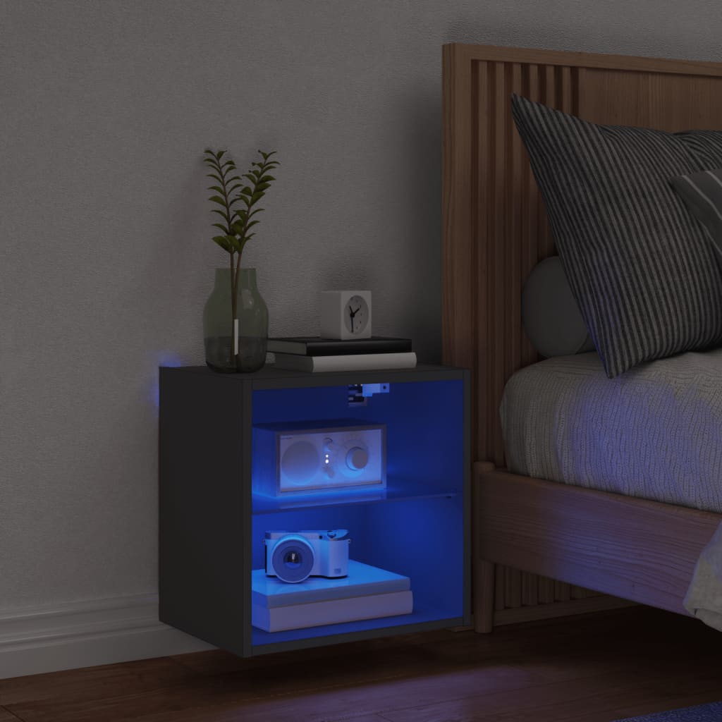 Bedside Cabinet with LED Lights Wall-mounted Black