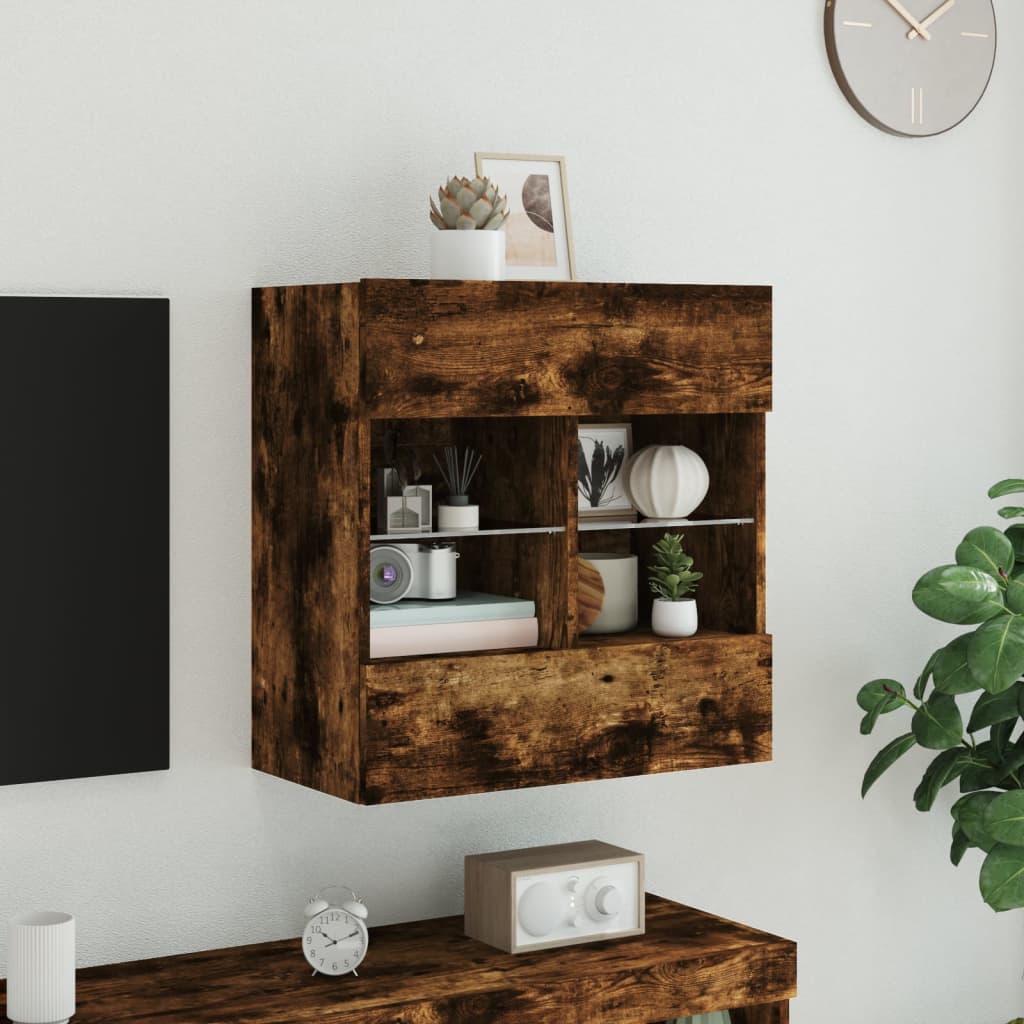 TV Wall Cabinet with LED Lights Smoked Oak 58.5x30x60.5 cm