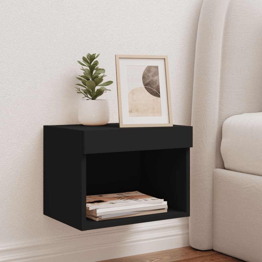 Bedside Cabinet with LED Lights Wall-mounted Black